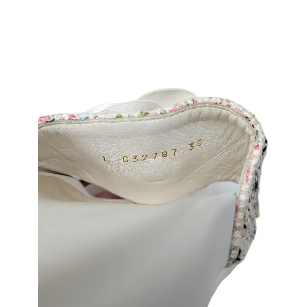 Chanel Camellia Tweed CC Logo Slide Rainbow White Rubber Pool Sandal 38 | 7.5